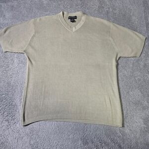 Baracuta Mens Large Sweater Sage Green Silk Cotton Ribbed V-Neck Short Sleeve